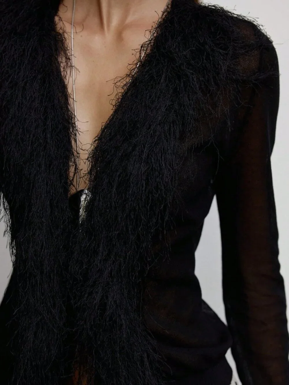 Black Casual Women's Faux Fur Trim V Neck Longsleeve Cardigan Top